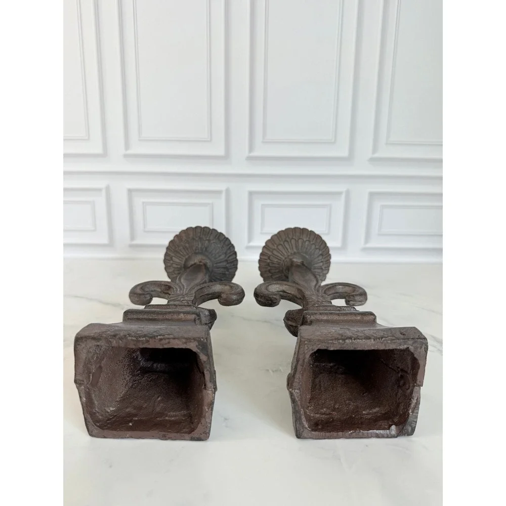 VTG Pair (2) Cast Iron Fleur de Lis Pillar Candlesticks 10 5/8